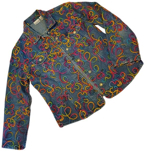 Chico's Colorful Long Sleeve Blue Denim Jacket Embroidery Artwork Size M/8 - Picture 2 of 14